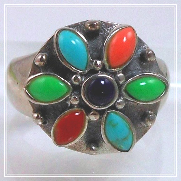 HoneyThomas Jewelry - Vintage Designer Sterling Silver Turquoise Coral Garnet Ring - Size 7.75
